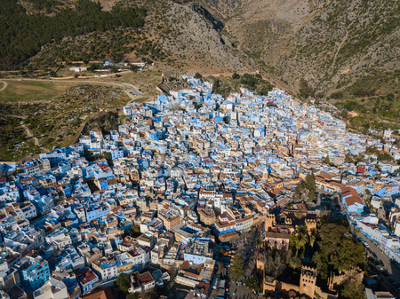 Aerial view of famous Medina blue old city Chefchaouen; Moroccoの写真素材