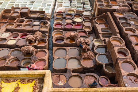 Tanneries of Fes, Morocco, Africa. Old tanks with color paint for leatherの写真素材
