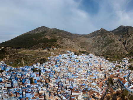 Aerial view of famous Medina blue city Chefchaouen, Moroccoの写真素材
