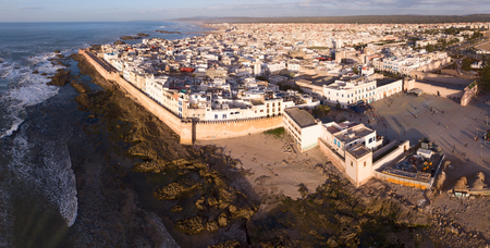Aerial panorama of medieval Essaouira old city on Atlantic coast at sunset, Moroccoの写真素材