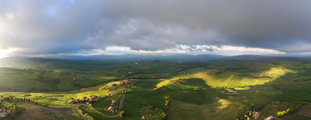 Tuscany panorama aerial landscape of farmland hill country at morning. Italy, Europeの写真素材