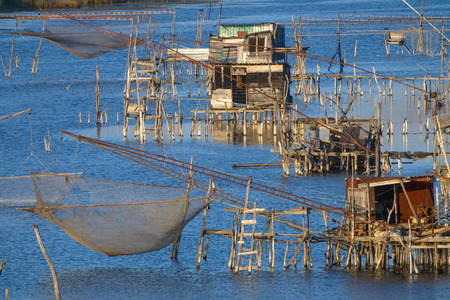 Traditional fishing nets, Old Fish trap at laguna in Ulcinj in Montenegroの写真素材