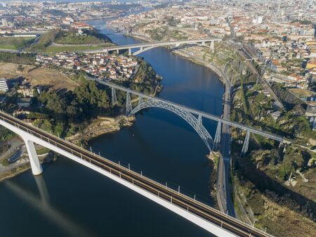 Aerial view on bridges and Douro river in Porto at morning, Portugal
の写真素材