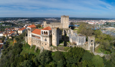 Aerial view on Medieval Templar Knights Castle built on top of a hill, Leiria, Portugalのeditorial素材