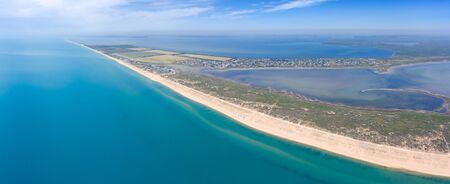Aerial top view panorama on sand beach, estuaries and Black sea, Anapa resort. Russia