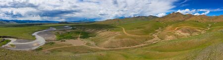Aerial panorama view of steppe and mountains landscape in Orkhon valley, Mongoliaの写真素材
