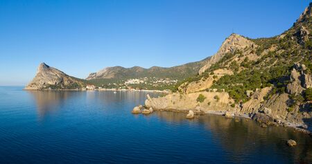 Aerial view of beautiful mountain rocks and sea landscape in Crimeaの写真素材