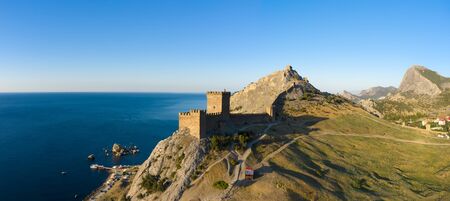 Aerial panorama view of Genoese fortress in Sudak, Crimeaの写真素材