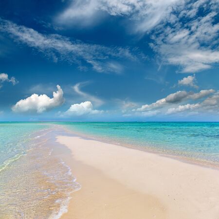 white sandy sea spit beach leading into oceanの写真素材