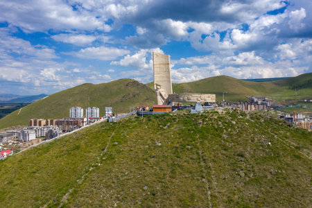 Aerial view of Memorial to Soviet soldiers on Zaisan Tolgoi in Ulaanbaatar, Mongolia.のeditorial素材