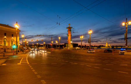 Rostral column in night Saint Petersburgの写真素材