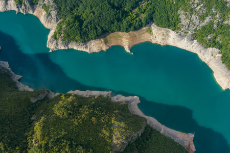 Piva river canyon with reservoir Piva Lakeの写真素材