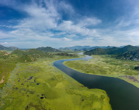 Aerial view of Rijeka Crnojevica - beautiful river between mountains flowing into Skadar Lake, Montenegroの写真素材