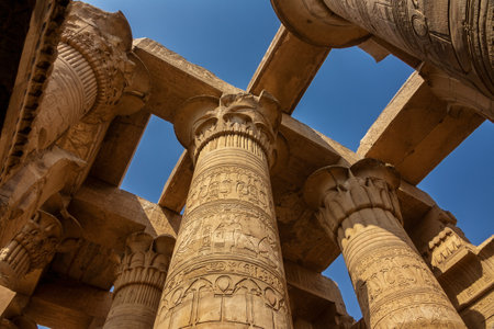 Ancient pillars with hieroglyphics at the temple of Kom Ombo, Egyptの写真素材