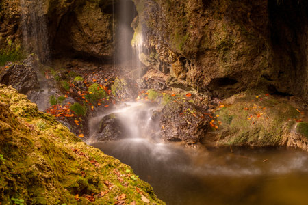 Closeup view of a forest waterfall in sunlight with autumn leaves and mossy stonesの写真素材