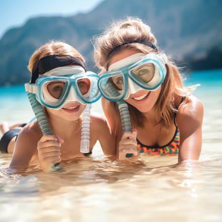 Vacation - snorkeling daughter with motherの素材