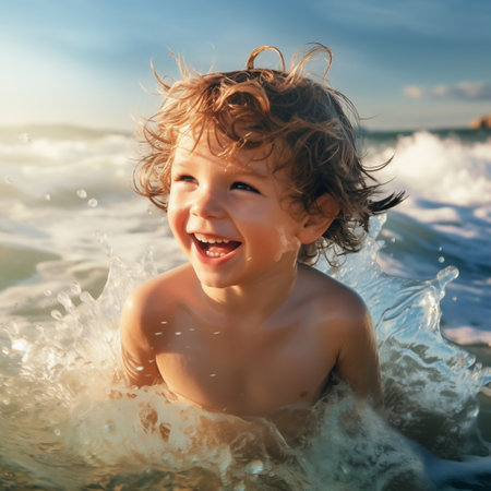 child bathing in seaの素材
