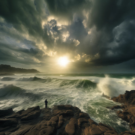 Woman standing on coast of storm seaの素材