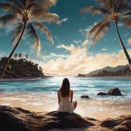 Woman sitting on tropical beachの素材