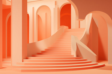 Abstract modern interior with staircase and columns in the building. 3D illustration Generative AIの素材