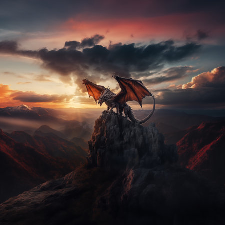 Mountain landscape with dragon winged silhouette sitting on the rock. Dramatic sunset in clouds background. Generative AI.の素材