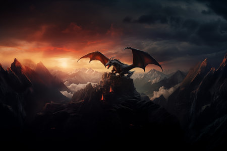 Mountain landscape with dragon winged silhouette sitting on the rock. Dramatic sunset in clouds background. Generative AI.の素材