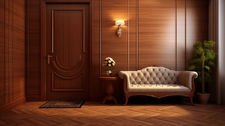 Classic luxury empty room interior with wooden wall. Mahogany wall panels, premium cabinet style Generative AIの素材