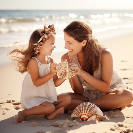 Little girl with mother holding sea shell on beach. Vacation, listening to the sea. Generative AI.の素材