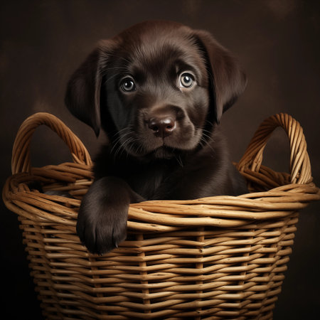 Labrador puppy in basket portrait, beautiful little dog. Generative AI.の素材