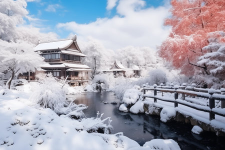 Ancient village in winter, travel landmark in Japan. Generative AI.の素材