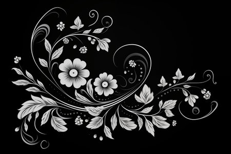 Vintage style white silver pattern with flowers and leaves on dark. Floral pattern background. Generative AIの素材