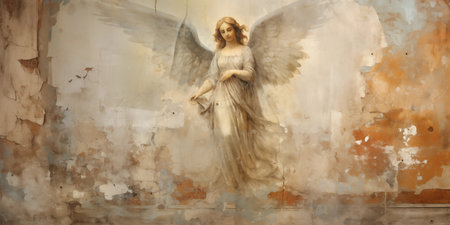 Old wall with retro fresco painting peeling paint with beautiful angel. Grunge old vintage wallpaper background painting art interior. Generative AIの素材