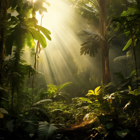 Beautiful forest jungle landscape with sun rays and trees in fog. Generative AIの素材