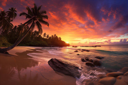 Beautiful landscape with palms pn beach and sunset over sea. Generative AI.の素材