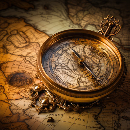 Old vintage retro compass on ancient world map, illustration. Generative AIの素材