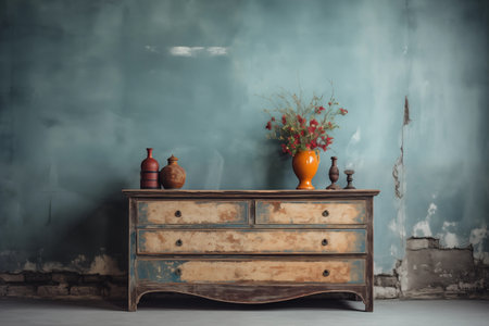 Vintage old interior with aged wall and dresser, chest of drawer. Generative AIの素材