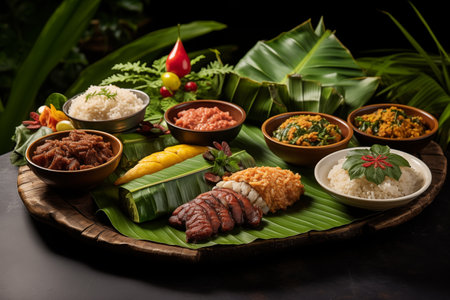Variety authentic thai traditional meal food, served on banana leaves.. Generative AIの素材
