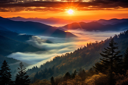 Beautiful sunset in the smoky fog mountains. Generative AI.の素材