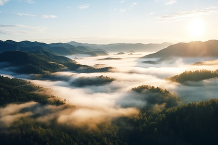 Beautiful sunset in the smoky fog mountains. Generative AI.の素材