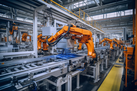Production line at modern bright factory. Contemporary technologies. Automated manufacturing facilityの素材