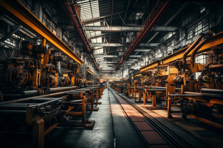 Production line at old dark factory. Retro technologies interiorの素材