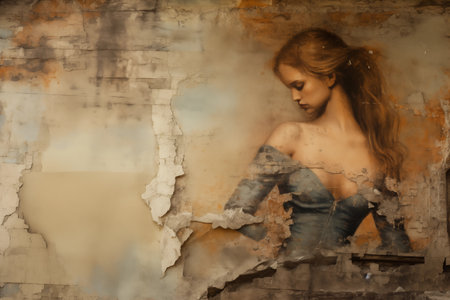 Old wall with retro fresco painting peeling paint with beautiful woman. Grunge old vintage wallpaper background painting art interior. Generative AIの素材