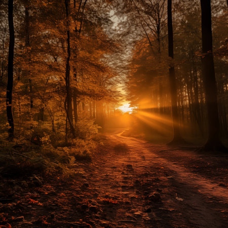 Autumn landscape in forest, with sun rays of light through mist and treesの素材