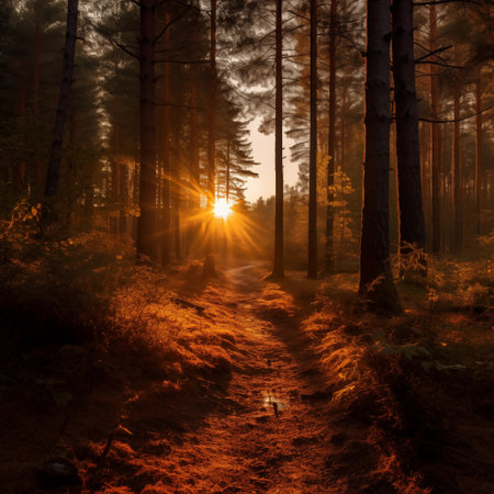 Autumn landscape in forest, with sun rays of light through mist and treesの素材