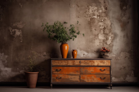 Vintage old interior with aged wall and dresser, chest of drawer. Generative AIの素材