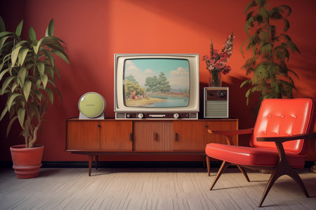 Old vintage retro living room interior with retro TV, illustration. Generative AIの素材
