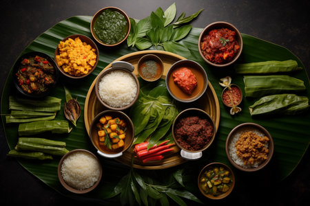 Variety authentic thai traditional meal food, served on banana leaves.. Generative AIの素材