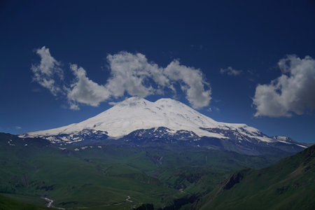 Beautiful view of Mount Elbrus and clouds, North Caucasus mountains, Russia