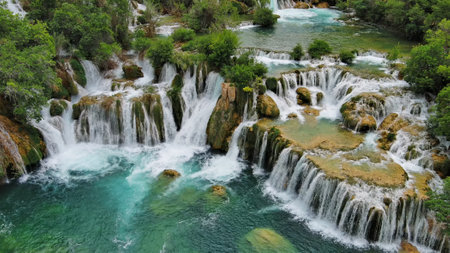 Krka Waterfalls with turquoise waterの写真素材