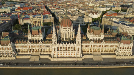 Aerial view of Budapest city and Hungarian Parliament building on Danube river, Hungaryの写真素材